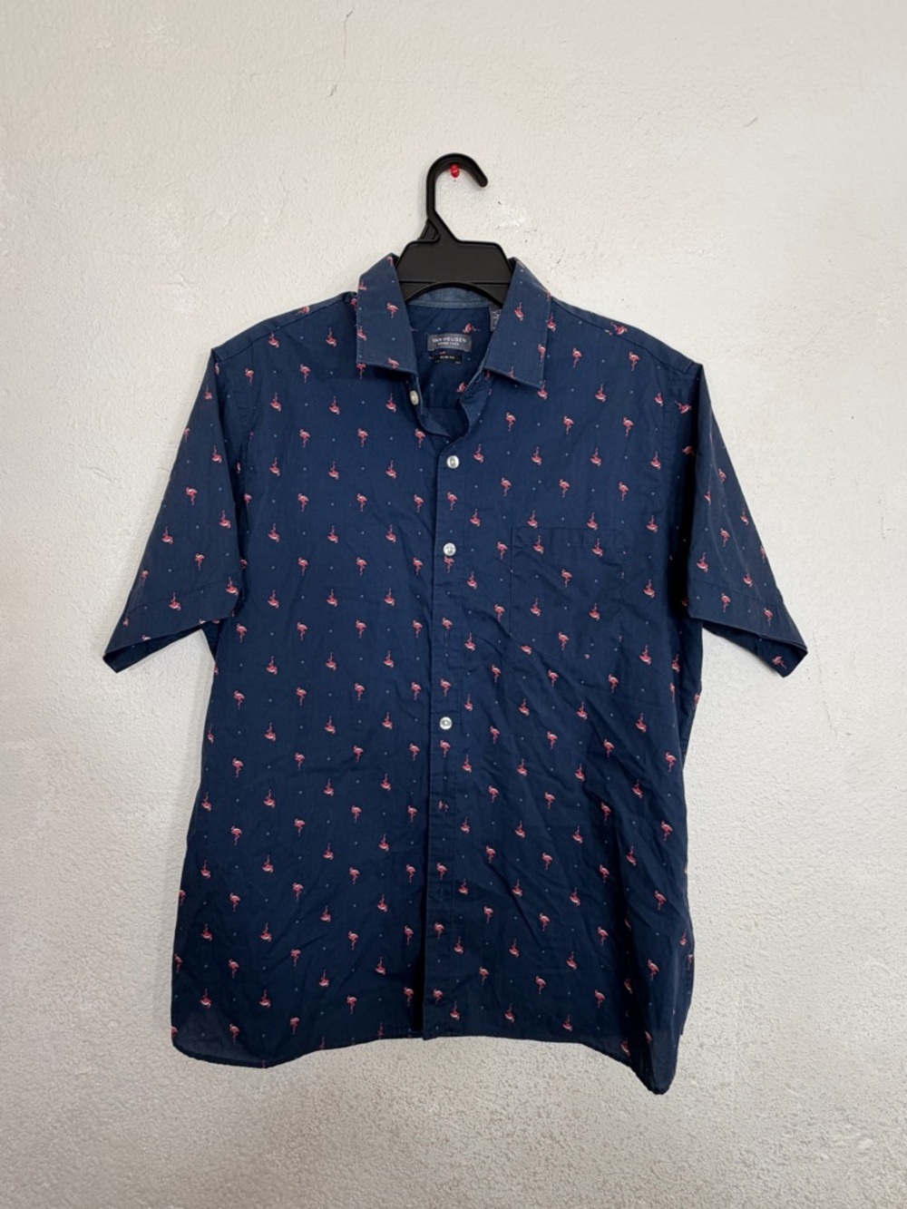 Van Heusen Never Tuck Shirt Mens Large Slim Fit Flamingo Print Navy Blue S/S